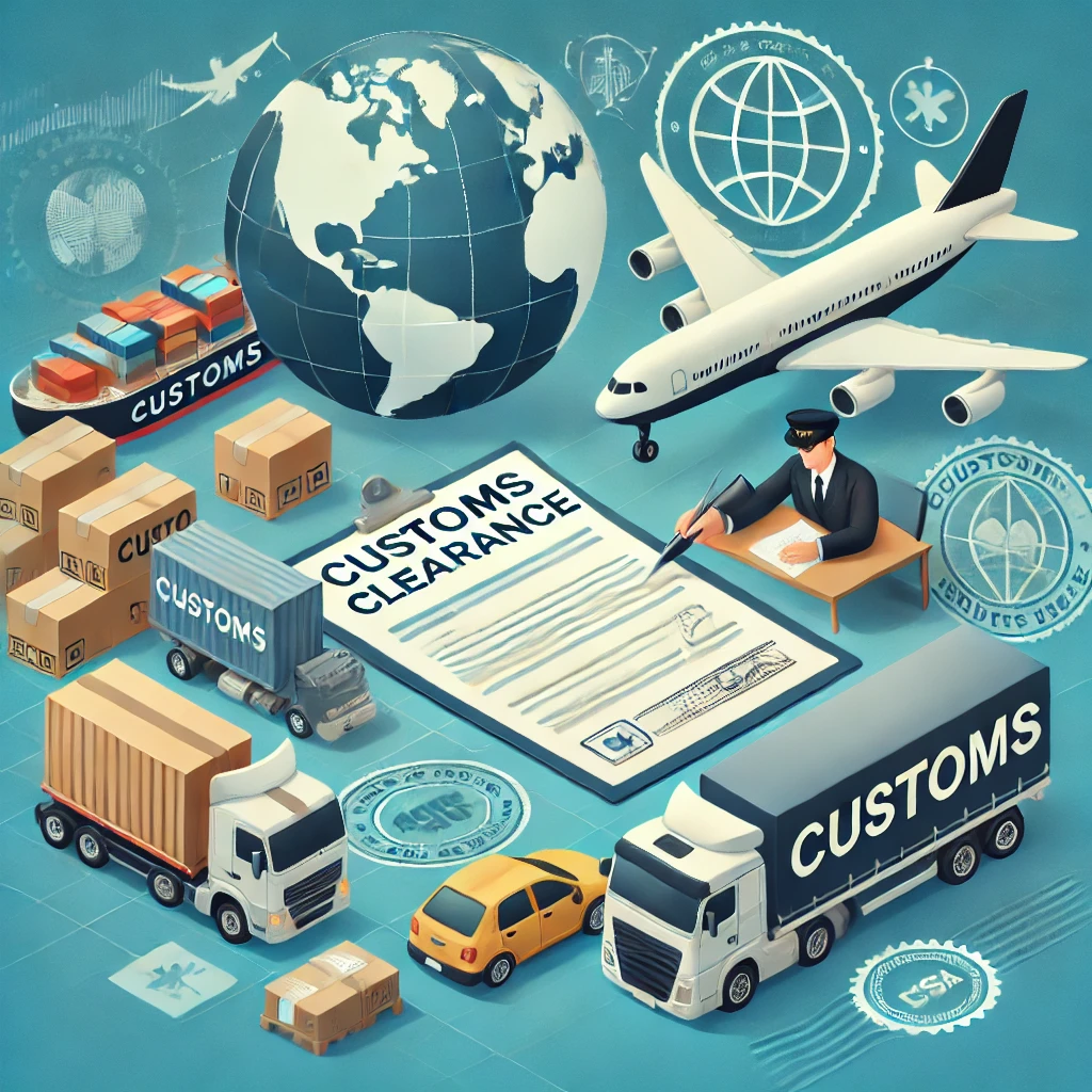 dall·e 2024 08 24 15.26.01 an image representing customs clearance in logistics. the image should include symbols of global trade, such as a cargo ship, airplane, and truck. the
