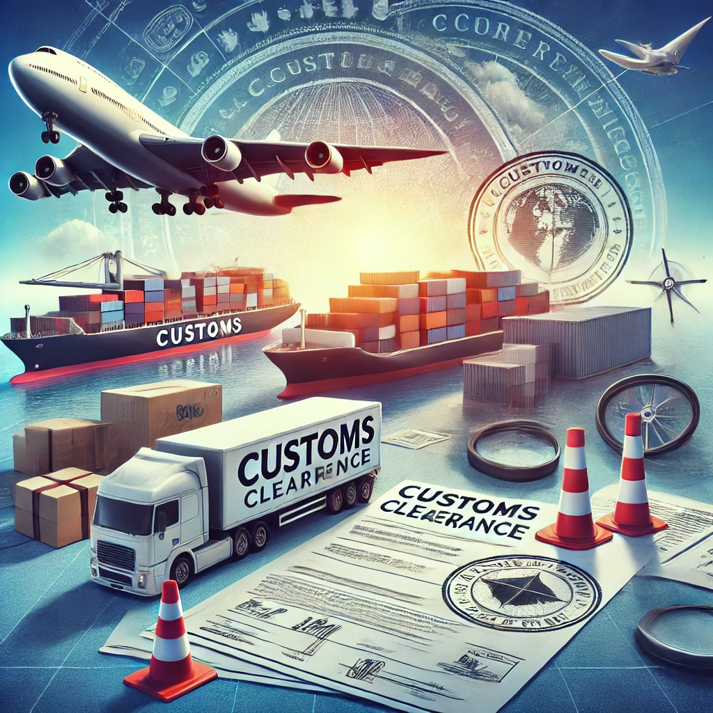 dall·e 2024 08 24 15.28.09 a professional image representing customs clearance in logistics, featuring symbols of global trade such as a cargo ship, airplane, and truck. include